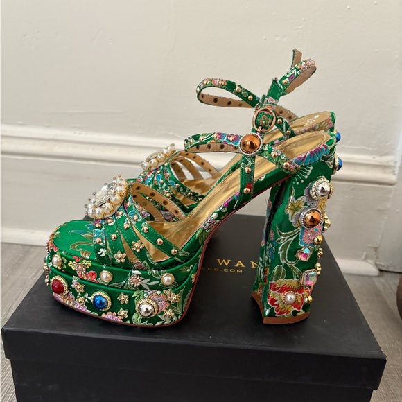 Floral Embellished Green Heels - Picture 2 of 11